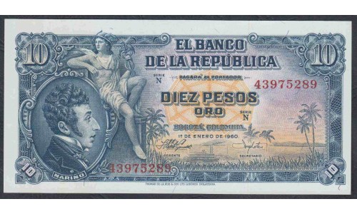Колумбия 10 песо 1960 г. (COLOMBIA 10 pesos 1960) P 400b: UNC