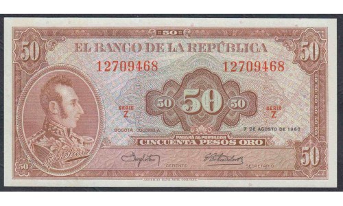 Колумбия 50 песо 1960 г. (COLOMBIA  50 peso oro 1960) P 402a: UNC