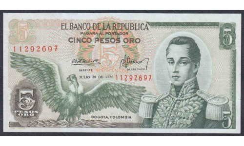 Колумбия 5 песо 1974 г. (COLOMBIA  5 pesos oro 1974) P 406e: UNC