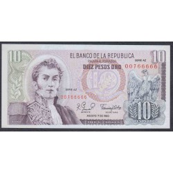 Колумбия 10 песо 1980 года, Супер красивый Номер!!! (COLOMBIA  10 pesos oro 1980) P 407h: UNC