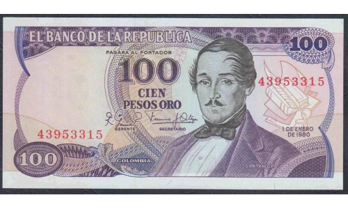 Колумбия 100 песо 1980 года, без префикса (COLOMBIA  100 pesos oro 1980, Wihout Prefix) P 418b: UNC