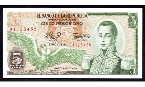 Колумбия 5 песо 1981 г. (COLOMBIA  5 pesos oro 1981) P 406f: UNC