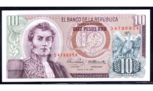 Колумбия 10 песо 1969 г. (COLOMBIA  10 pesos oro 1969) P 407с: UNC