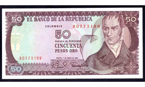 Колумбия 50 песо 1980 г. (COLOMBIA  50 pesos oro 1980) P 422а: UNC