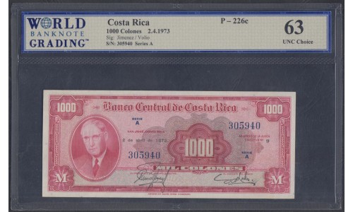 Коста Рика 1000 колон 2.4.1973 года, РЕДКОСТЬ (COSTA RICA 100 colones 2.4.1973) P 226c: WBG 63 UNC Choice