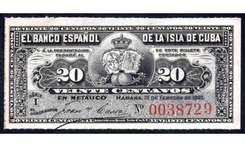 Куба 20 центаво 1897 год (CUBA 20 centavos 1897) P 53: UNC 