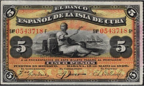 Куба 5 песо 1896 (CUBA 5 peso 1896) P48b : UNC