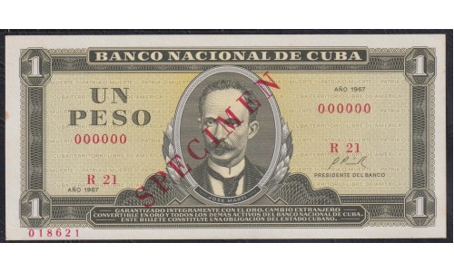 Куба 1 песо 1967 год, ОБРАЗЕЦ, 018621 (CUBA 1 peso 1967, SPECIMEN) P102as: UNC