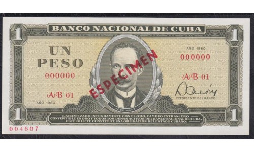 Куба 1 песо 1980 год, ОБРАЗЕЦ, 004607 (CUBA 1 peso 1980, SPECIMEN) P102bs: UNC