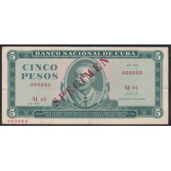 Куба 5 песо 1970 год, ОБРАЗЕЦ, 004607 (CUBA 5 pesos 1970, SPECIMEN) P103bs: XF/aUNC