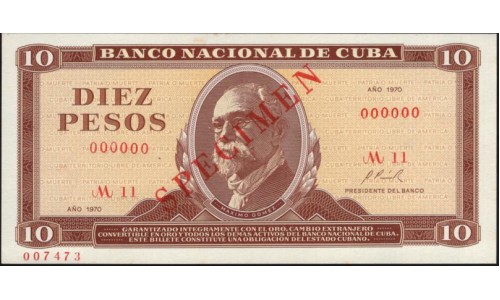 Куба 10 песо 1970 год, Образец (CUBA 10 pesos 1970 Specimen) P 104а(s) : UNC