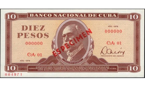 Куба 10 песо 1978 год, Образец (CUBA 10 pesos 1978 Specimen) P 104b(s) : UNC