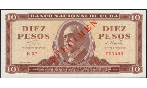 Куба 10 песо образец 1964 года (CUBA 10 pesos 1964 Specimen) P 96a : UNC