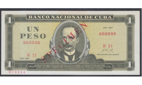 Куба 1 песо 1967 год, ОБРАЗЕЦ (CUBA 1 peso 1967, SPECIMEN) P102as: UNC