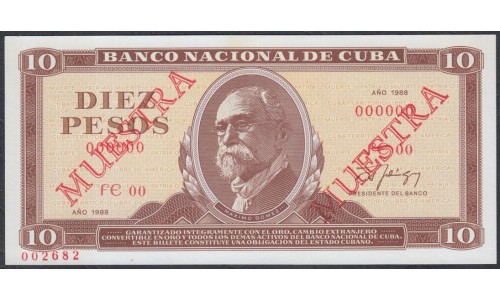 Куба 10 песо 1988 год, ОБРАЗЕЦ (CUBA 10 pesos 1988, MUESTRA) P 104ds: UNC 