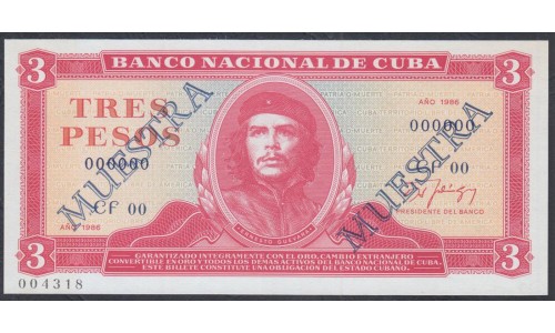 Куба 3 песо 1986 год, ОБРАЗЕЦ (CUBA 3 pesos 1986, MUESTRA) P107as: UNC 