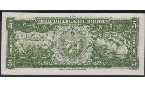 Куба 5 песо 1958 год (CUBA 5 pesos 1958) P 91a: UNC 