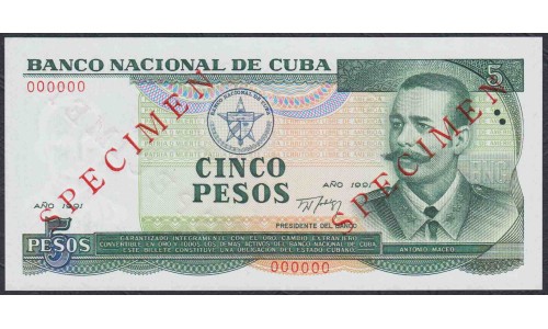 Куба 5 песо 1991 год, ОБРАЗЕЦ (CUBA 5 pesos 1991, SPECIMEN) P108s: UNC