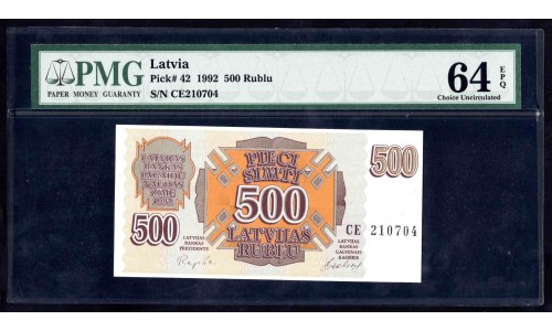 Латвия 500 рублей 1992 (LATVIA 500 Latvijas Rubļu 1992) P 42 : UNC PMG 64 EPQ