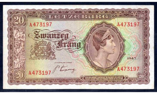 Люксембург 20 франков 1943 (LUXEMBOURG 20 Frang 1943) P 42 : XF