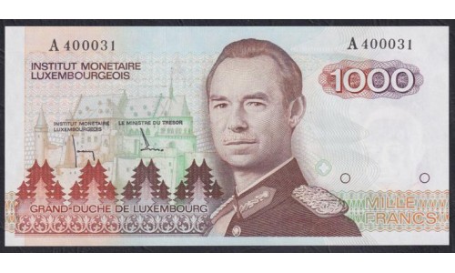Люксембург 1000 франков 1985 года, Стартовая серия с красивым номером А 400031(LUXEMBOURG 1000 Francs 1985) P 59a: UNC