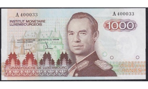 Люксембург 1000 франков 1985 года, Стартовая серия с красивым номером А 400033(LUXEMBOURG 1000 Francs 1985) P 59a: UNC