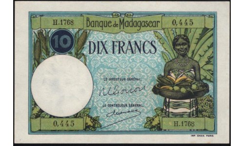 Мадагаскар 10 франков 1937-1947 (Madagascar 10 Francs 1937-1947) P 36(3) : UNC