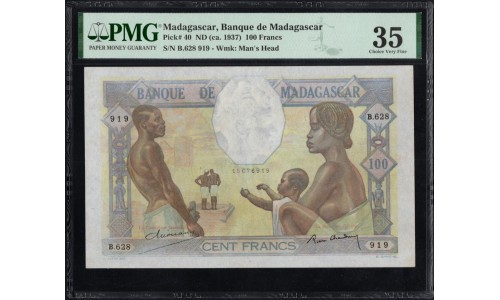 Мадагаскар 100 франков (1937) (MADAGASCAR 100 francs (1937)) P 40 : VF PMG 35