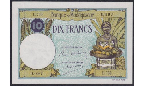 Мадагаскар 10 франков 1937-1947 (Madagascar 10 Francs 1937-1947) P 36(2): UNC