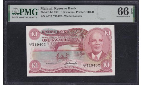 Малави 1 квача 1981 год (MALAWI 1 Kwacha 1981) P 14d: PMG 66 EPQ Gem Uncirculated