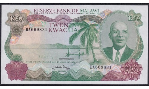 Малави 20 квача 1964(1984), Редкие в Идеальном состоянии (MALAWI 20 Kwacha 1964(1984)) P 17b: UNC
