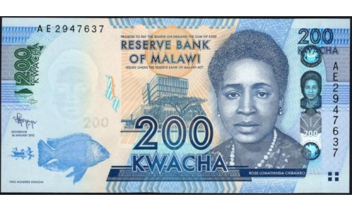 Малави 200 квача 2012 года (MALAWI 200 Kwacha 2012) P60a: UNC