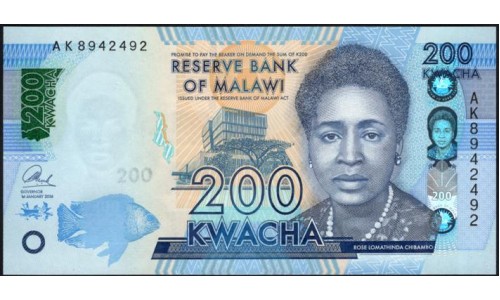 Малави 200 квача 2016 (MALAWI 200 Kwacha 2016) P 60c : UNC