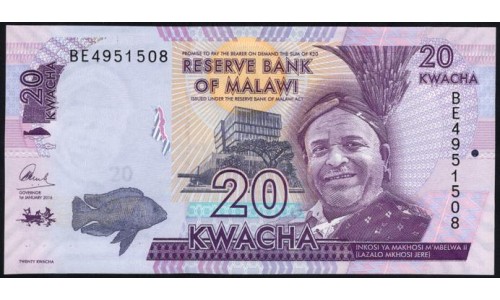 Малави 20 квача 2016 г. (MALAWI 20 Kwacha 2016) P 63c: UNC 