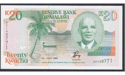 Малави 20 квача 1993 года (MALAWI 20 Kwacha  1993) P 27: UNC