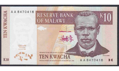 Малави 10 квача 1997, серия АА года (MALAWI 5 Kwacha 1997, Prefix AA) P 37: UNC