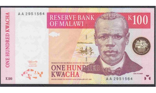 Малави 100 квача 1997, серия АА (MALAWI 100 Kwacha 1997, Prefix AA) P 40: UNC
