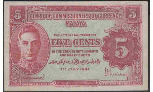 Малайя 5 центов 1941 (Malaya 5 cents 1941) P 7a : XF