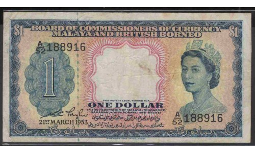 Малайя и Британское Борнео 1 доллар 1953 (Malaya & British Borneo 1 dollar 1953) P 1a : VF