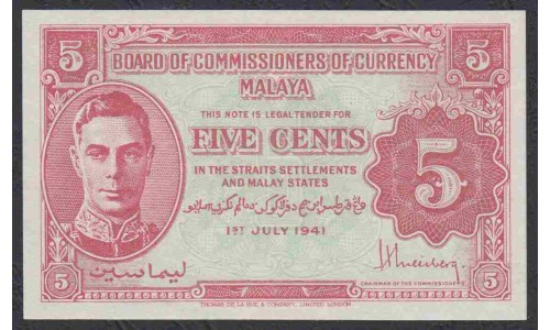 Малайя 5 центов 1941 (Malaya 5 cents 1941) P 7b : XF