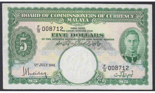 Малайя 5 долларов 1941 (Malaya 5 dollars 1941) P 12 : VF