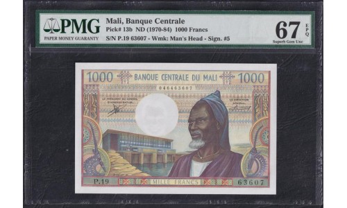 Мали 1000 франков 1970-84 года, 63607 (MALI 1000 Francs 1970-84) P 13b: PMG 67 Superb Gem UNC