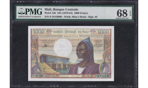Мали 1000 франков 1970-84 года, 63608 (MALI 1000 Francs 1970-84) P 13b: PMG 68 Super Gem UNC
