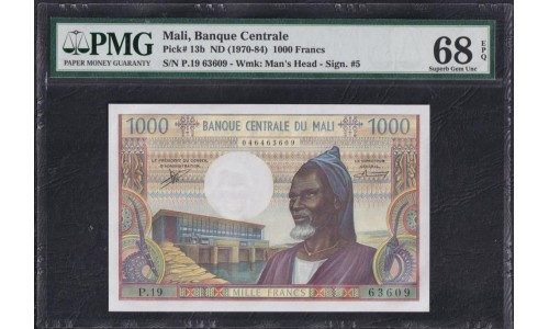 Мали 1000 франков 1970-84 года, 63609 (MALI 1000 Francs 1970-84) P 13b: PMG 68 Super Gem UNC