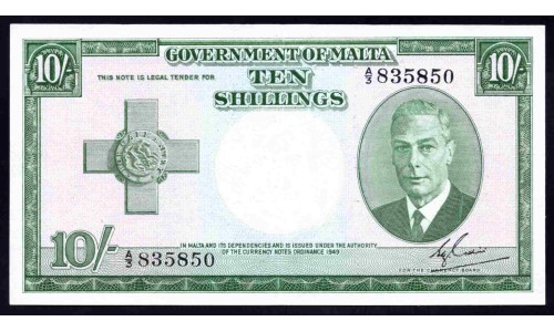 Мальта 10 шиллингов L. 1949 г.  (MALTA 10 Shillings L. 1949) P21:XF