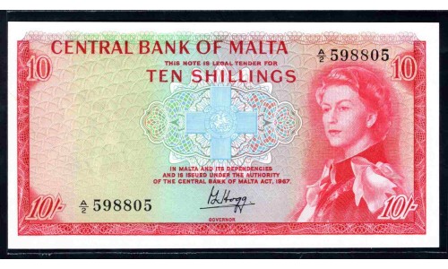 Мальта 10 шиллингов L.1967 г. (1968 г.) (MALTA 10 Shillings L.1967 (1968)) P28:Unc