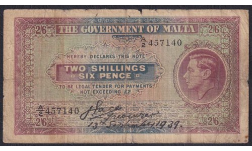 Мальта 2 шиллинга 1939 года  (MALTA 2 Shillings  1939) P 11: VG
