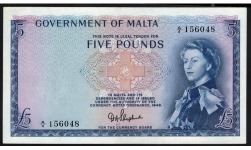 Мальта 5 фунтов L.1949 г. (1961&1963 г.) (MALTA 5 Pounds L.1949 (1961&1963)) P 27а: aUNC/UNC