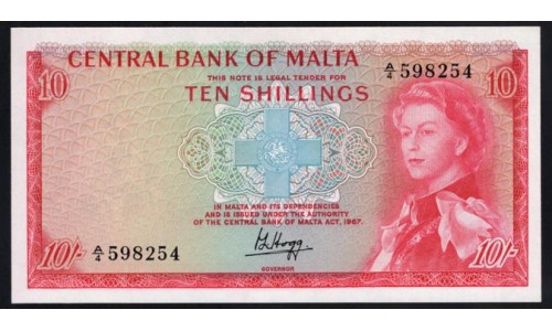 Мальта 10 шиллингов L.1967 г. (1968 г.) (MALTA 10 Shillings L.1967 (1968)) P28:Unc