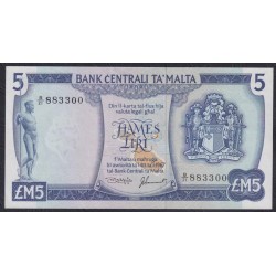 Мальта 5 лир  1973 года, КРАСИВЫЙ НОМЕР 883300 (MALTA 5 Liri 1973) P32c: UNC